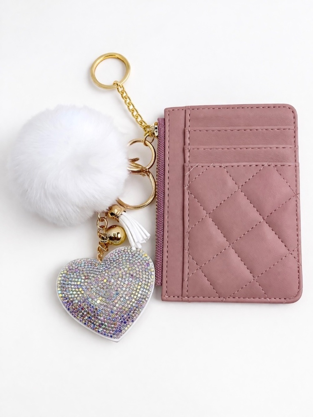 Pale Blush Pink Quilted Card Holder Wallet w/ Heart Rhinestone Keychain charm
